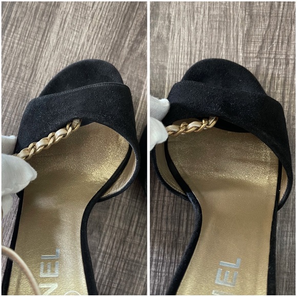 ❌SOLD❌Vintage Chanel Black/Beige Chain-link T-Strap Sandals Size EU 37 - Picture 7 of 16